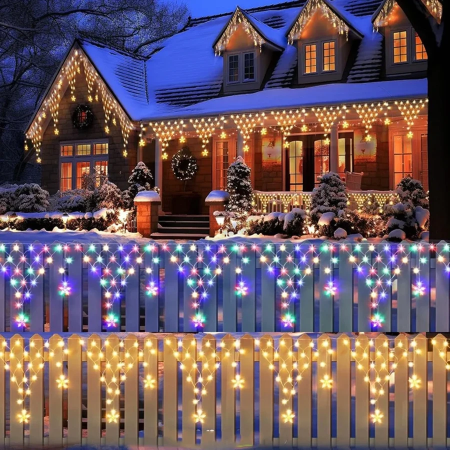 1PC Solar Outdoor Snowflake Curtain Triangular Fishing Net Light String, 100LED New Year And Christmas Atmosphere Decoration Light, Outdoor Hanging Fairy String Light, Outdoor Garden Terrace Roof Decoration, Wedding, Party, Christmas, Halloween Decoration, 8-Mode (500mAh) - Solar - View 1