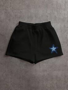 2 pcs Conjunto suadera y short mujer sudadera con capucha short resorte estampado ESTRELLA IMITACION MEZCLILLA otoño invierno cómodo excelente calidad - Negro - Ver 4