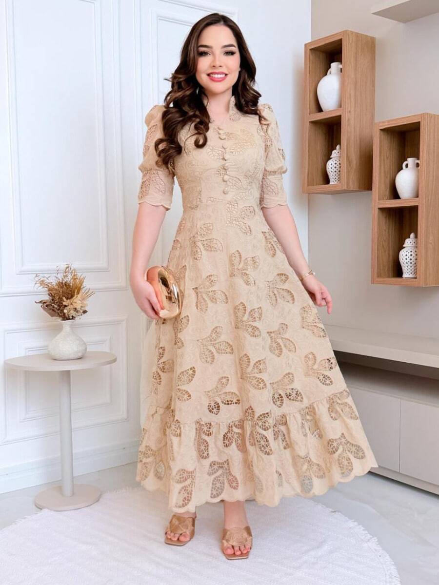 Long Party Dresses With Puff Sleeves Lese - 米色 - 查看 1
