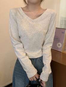 V领休闲时尚修身长袖打底衫 - 灰色 - 查看 3