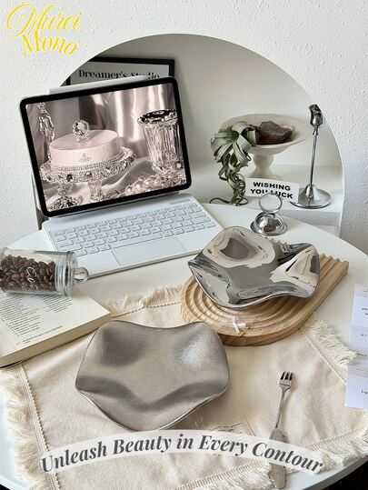 <Unleash Beauty In Every Contour>, 1pc Silver Ceramic Jewelry Tray, Luxury Jewelry Organizer Tray For Entryway, Key, Watch, Perfume And Decoration, Suitable For Home, Room, Living Room And Office Organizer Storage Box Travel