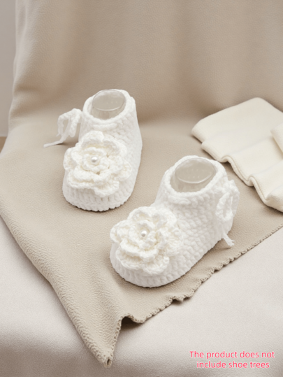 1 Pair Handmade Infant Booties, White Crochet Shoes With Pearl Flower, Baptism Christening Infant Footwear
