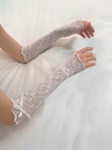 1/2 对/套女士尼龙蕾丝手套，长袖套，带褶边细节和领结，防晒时尚配饰 - 彩色 - 查看 7