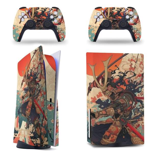 Pegatina de Samurai Warrior PS 5 - Envoltura de piel de vinilo con armadura japonesa y flor de cerezo para la consola y 2 controladores