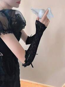 1/2 对/套女士尼龙蕾丝手套，长袖套，带褶边细节和领结，防晒时尚配饰 - 彩色 - 查看 5