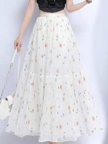 LuminousWealth Women's Elegant Floral Pleated Maxi Dress - Colorful Floral Pattern, High Waist, Flowing Design, Suitable For All Seasons, High Waist Skirt - 杏色 - 查看 3