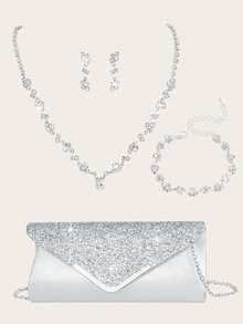 5件套新娘首饰套装：闪亮玫瑰金立方氧化锆项链、1对耳环、手链+单肩包。小巧优雅的女士晚宴包，新娘婚礼贝壳信封包，配有可拆卸金属链肩带。适合女士单肩包、手提包，适用于婚礼、派对、宴会等场合。 - 白色4件套裝 - 查看 8