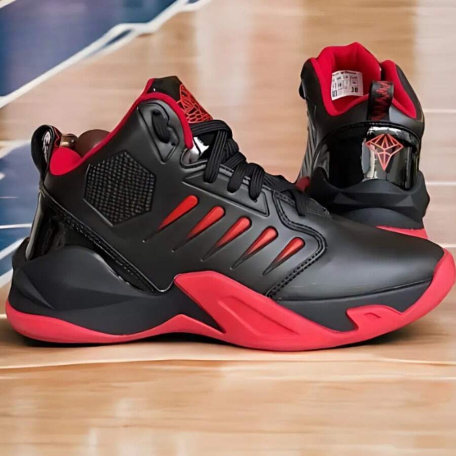Men's High-Top Basketball Boot - Style, Comfort And Performance - 黑色和紅色 - 查看 1