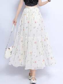 LuminousWealth Women's Elegant Floral Pleated Maxi Dress - Colorful Floral Pattern, High Waist, Flowing Design, Suitable For All Seasons, High Waist Skirt - 杏色 - 查看 5