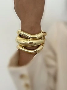 1/3 pezzi Set di braccialetti a fascia aperta ondulati in materiale CCB, eleganti e vintage, adatti per uso quotidiano, impilabili, leggeri, resistenti al colore, perfetti come regalo per Natale, Ognissanti e altre festività, versatili per tutte le stagioni - Dorato - Visualizzare 5
