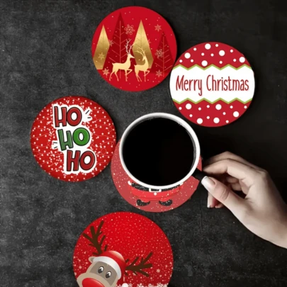 6件套 圣诞杯垫 红色系列 驯鹿雪人 节日咖啡杯搭配 杯垫 桌垫 茶室装饰 餐桌装饰 餐厅装饰 礼品 派对装饰 礼物