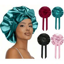 1顶奢华缎面睡眠帽，配有可调节蝴蝶结 - 适合卷发/辫发/自然发质，多种颜色可选，夜间护发必备，柔软贴合，高级浴室配件，美容旅行必备 - 軍綠色 - 查看 4