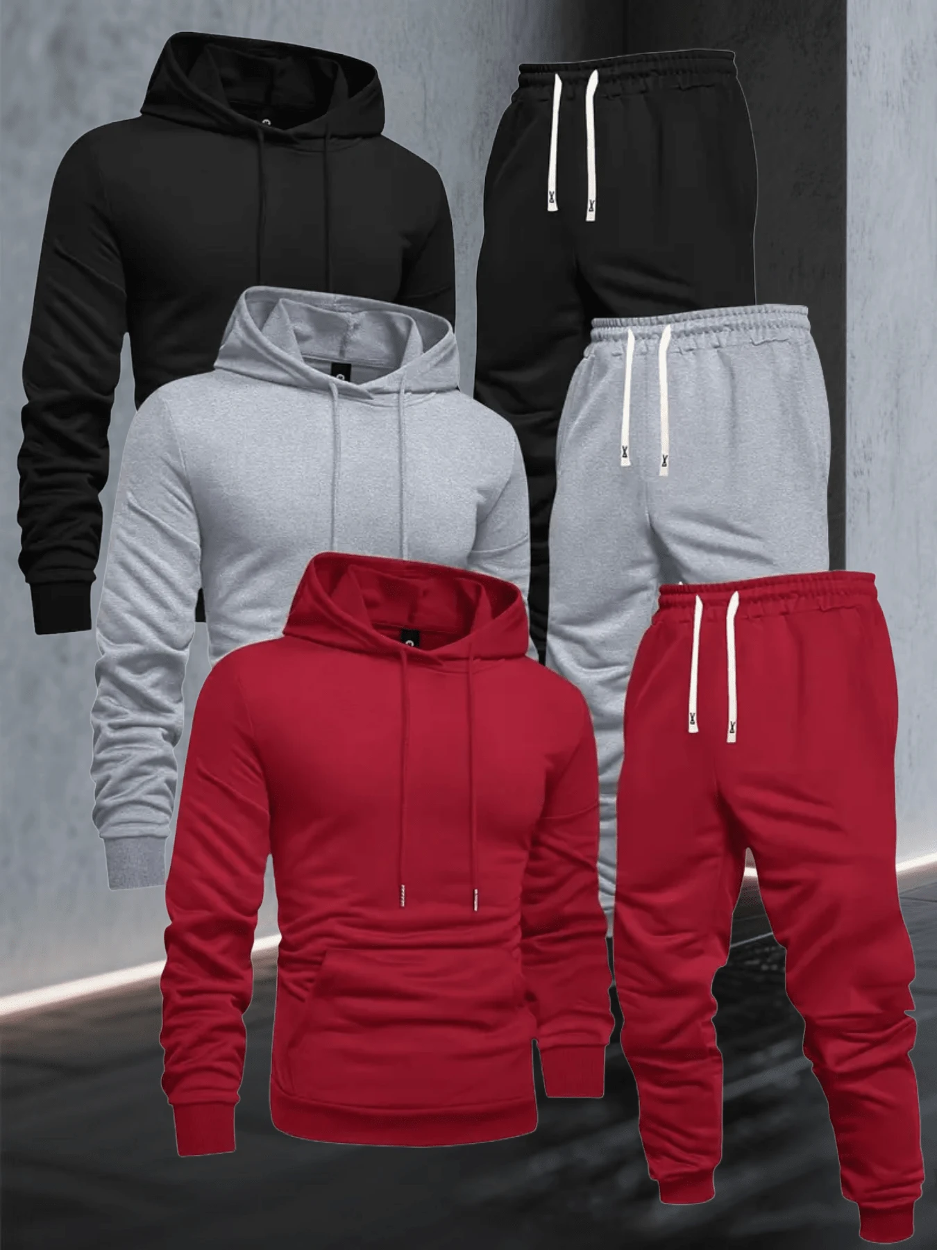 [6-Piece Set] Men's Fall & Winter Casual Sport Hoodie And Jogger 6-Piece Set – 3 Hoodies (Black, Gray, Red) + 3 Sweatpants With Drawstring Waist, Soft Fleece-Lined Warm Tracksuit For Daily Wear, Lounging, Workouts, Outdoor Adventures, And All-Day Comfortable Stylish Outfits - 彩色 - 查看 1