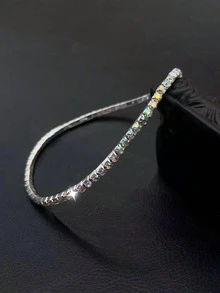 1pc 3mm Rhinestone Anklet Bracelet, Double Layer, Silver Color Cubic Zirconia Embellished, Elastic, Fashion, Suitable For Party - Silver - View 22