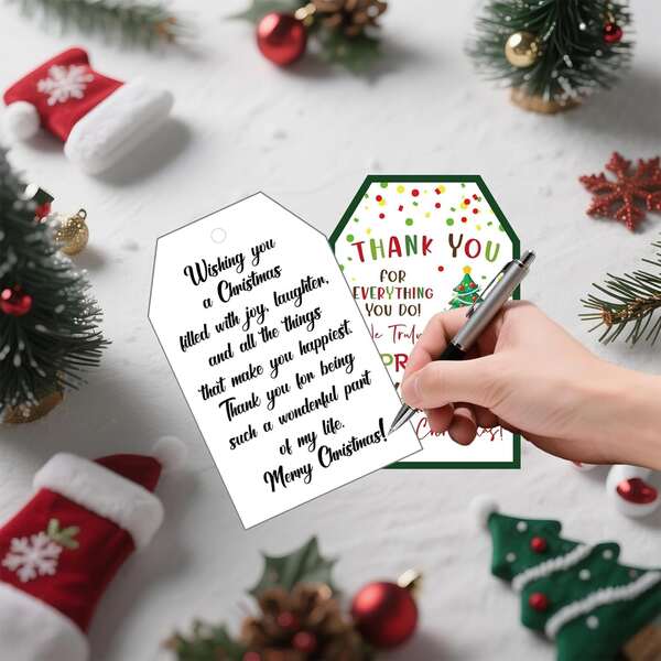 30 Etiquetas navideñas con cuerda, etiquetas de agradecimiento navideñas de 3.3x2.1 pulgadas, etiquetas de regalo navideño con árbol y corona para fiesta de invierno y año nuevo, bolsa de caramelos, sobre, regalo, favor, manualidades DIY