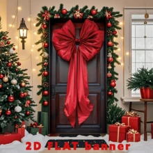 二维平面聚酯纤维圣诞蝴蝶结圣诞快乐门廊横幅，节日前门背景，季节性图形悬挂门横幅，家庭和厨房派对装饰，无需电源