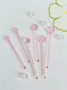 1pc Valentine's Day Pink Cat Paw & Cherry Blossom Cocktail Stirrer, Creative Girly Pink Glass Stir Stick For Coffee, Milk, Juice, Beverage, Heat Resistant - Pink Spoon - View 2