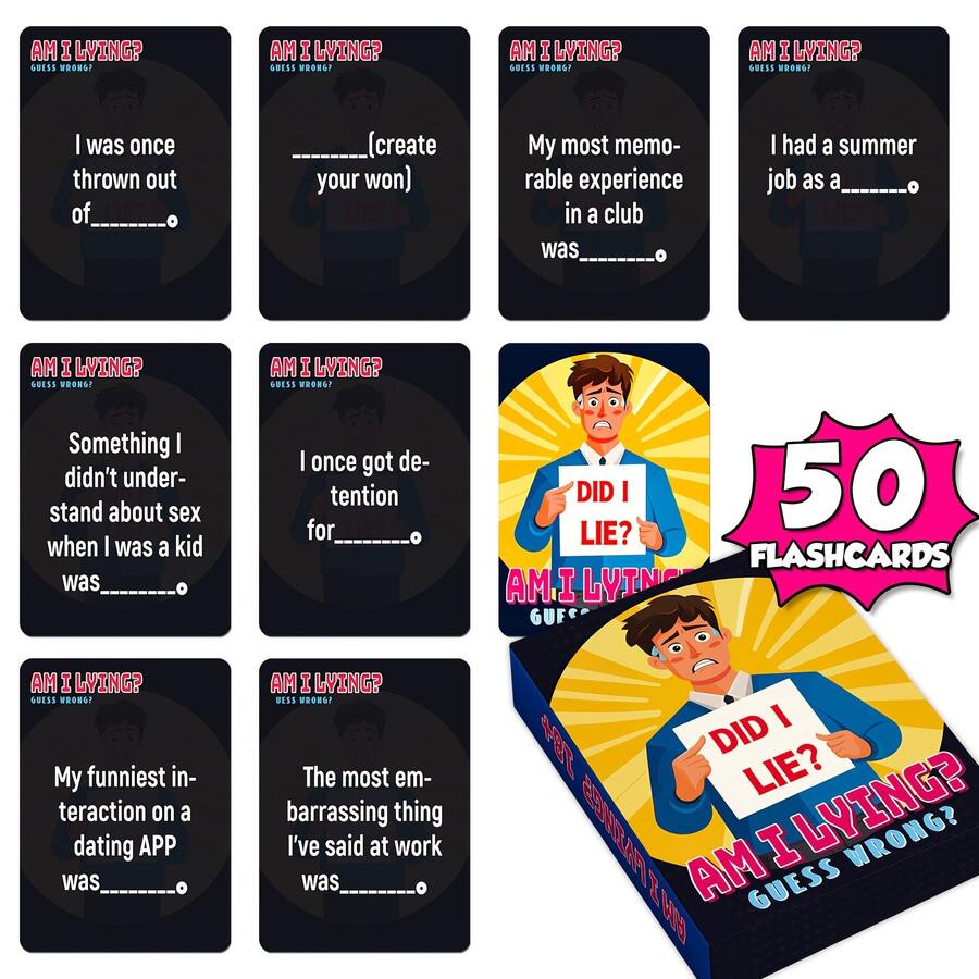50 Tarjetas de Mentiroso Divertidas - Juegos de Fiesta de la Verdad Sucia, Desafíos de Bebida y Tareas de Castigo - Con Cumpleaños, Nunca He, Dos Verdades - Para Adultos, Noches de Juego, Fiestas - Tarjetas de Juego Hilarantes para Grupos