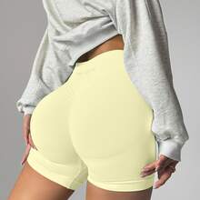Women's High Waist Butt Lifting Gym Shorts Compression Sculpting Curve Fit Yoga Workout Active Shorts - Lemon Lime - View 2