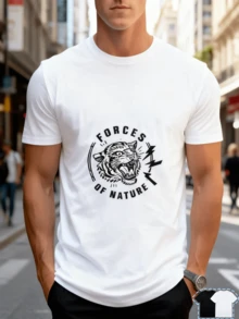 Camiseta gráfica de moda para hombres, camiseta de algodón puro impresa de manga corta, algodón peinado, transpirable, ajuste slim, línea de hombro, uso diario - Blanco - Ver 5