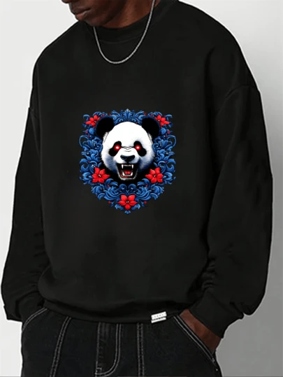 Mëñs Püllôvër Swëätshirt Lôñg Slëëvë Crëwñëck Swëätshirts Cäsüäl Stylë Päñdä Sküll Dësigñ With Rëd ëyës äñd Blüë Flôräl Pättërñ, Bôld Gräphic Priñt Fôr Strëëtwëär Fäshiôñ