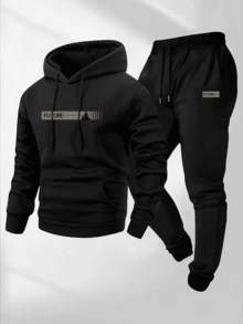 Men's Two-Piece Set, Casual Crew-Neck Long-Sleeve Hooded Sweatshirt And Sweatpants Ensemble, Perfect For Winter And Fall. Athletic Wear Set, Knit Hoodie, Sweatshirt, Sweatpants, Hooded Sweatshirt, Joggers, Sweatshirt, Pants, Hoodie, Sweatpants, Joggers. - màu đen - Xem 1