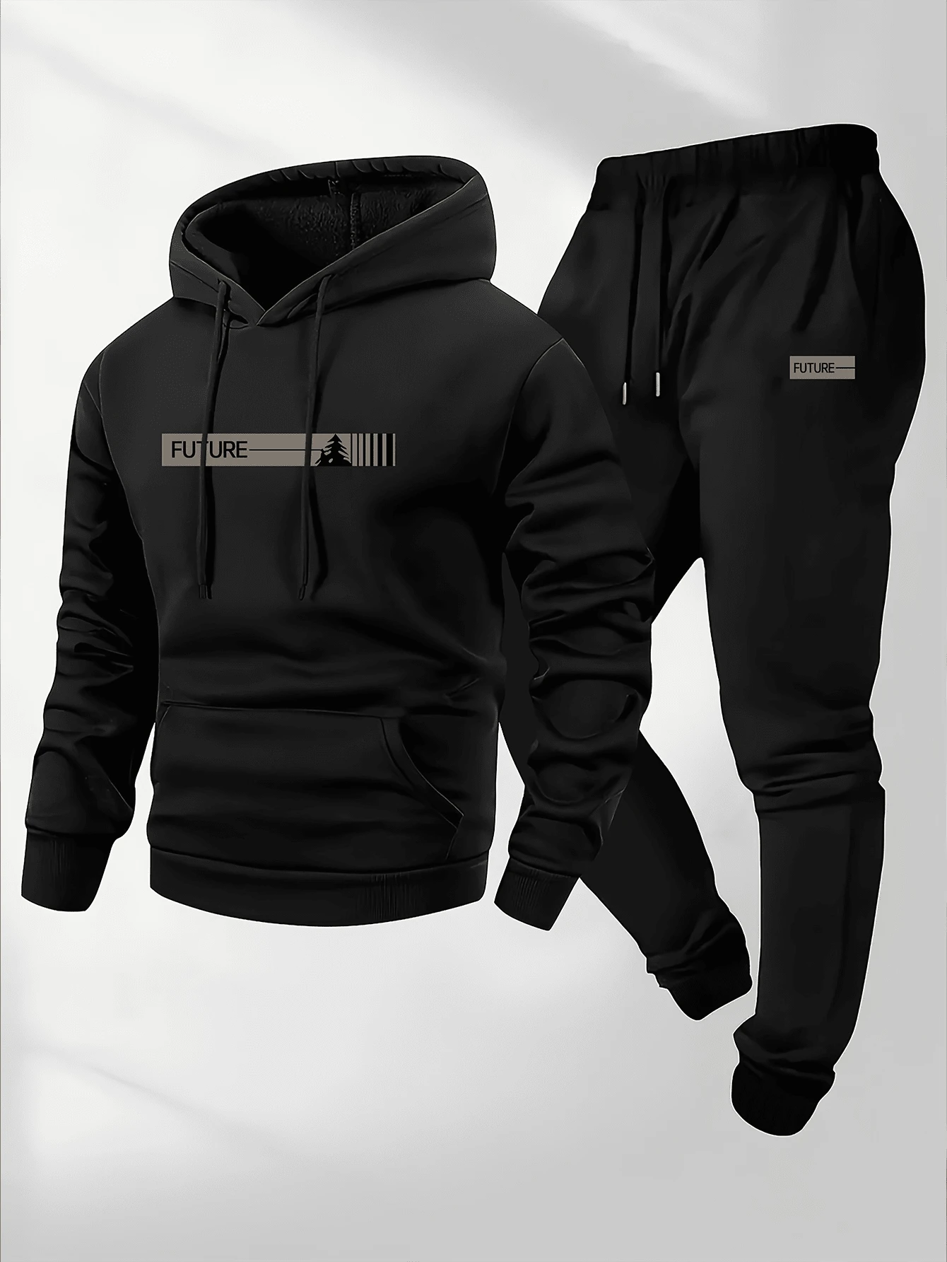 Men's Two-Piece Set, Casual Crew-Neck Long-Sleeve Hooded Sweatshirt And Sweatpants Ensemble, Perfect For Winter And Fall. Athletic Wear Set, Knit Hoodie, Sweatshirt, Sweatpants, Hooded Sweatshirt, Joggers, Sweatshirt, Pants, Hoodie, Sweatpants, Joggers. - màu đen - Xem 1