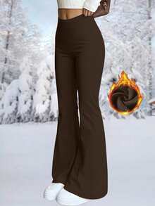 Women's Thermal Thermal Lined High Waist Flare Pants, Winter Fitness Warm Thick Leggings Soft Yoga Pants, Women's Clothing, Women's Winter Clothing