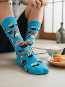 1/2/3 Pairs Crew Socks With Japanese Cuisine Sushi Food Blue Design, Comfortable Breathable Moisture-Wicking, Interesting Novelty Personalized - Multicolor - View 1