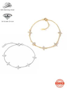 2pcs/Set 925 Sterling Silver Clover Cubic Zirconia Diamond Bracelet Necklace Jewelry Set, Suitable For Women & Girls, Lucky Clover For Daily Wear, Casual, Travel, Party, Collection, Comes With Elegant Gift Box - Multicolor - View 10