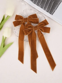 2个天鹅绒蝴蝶结发夹，棕色发带，大号鳄鱼夹，女士及女孩发饰 - 棕色 - 查看 5