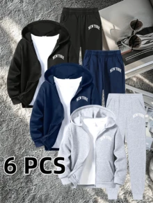 [6-Piece Set]Man' 6-Piece "NEW YORK" Zip-Up Hoodie & Jogger Set | 3 Color Athletic Bundle In Black,  | Casual Streetwear Outfits For  | Soft Cozy Fabric For Daily Wear, School & Playdates | High Value Wardrobe Staple That Goes With Everything - 彩色 - 查看 3