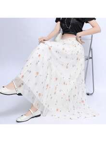 LuminousWealth Women's Elegant Floral Pleated Maxi Dress - Colorful Floral Pattern, High Waist, Flowing Design, Suitable For All Seasons, High Waist Skirt - 杏色 - 查看 4