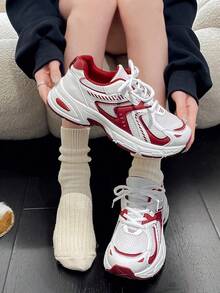 Women's New Thick Sole Sneakers, Lightweight Casual Shoes, Small White Shoes, Tennis Shoes, Versatile Running Shoes, Cute & Fashionable Lightweight Chunky Sneakers - Trắng Đỏ - Xem 2