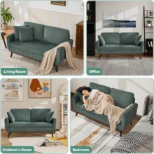 Tbfit 65" Corduroy Couch For Living Room, Mid Century Modern Loveseat Sofa With Spring Cusions For Bedroom, Small Comfy Upholstered Love Seat Easy Assembly With Solid Wood Legs & 2 Pillows, Green - 65吋綠色 - 查看 8