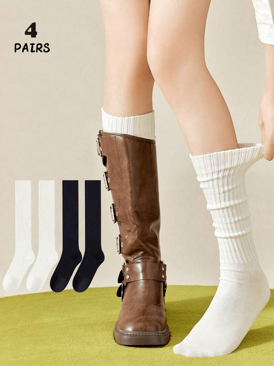 4 Pairs Women's Black & White Minimalist Slim Fit Calf Socks, Warm Long Socks Suitable For Daily Wear With Leather Shoes, Autumn/Winter - Multicolor - View 1