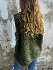 Plus Size Women's Elegant Casual Front Button Pocket Vest Jacket, Suitable For Daily Commute