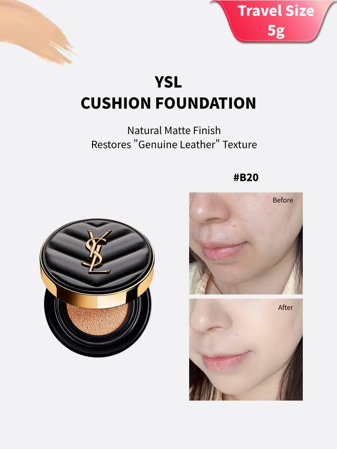 YSL 光彩完美轻盈粉底液 B20 样品，轻盈、无缝、持久、遮瑕、提亮、打造闪亮光泽 - 裸色 - 查看 1