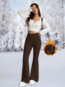 Women's Thermal Thermal Lined High Waist Flare Pants, Winter Fitness Warm Thick Leggings Soft Yoga Pants, Women's Clothing, Women's Winter Clothing