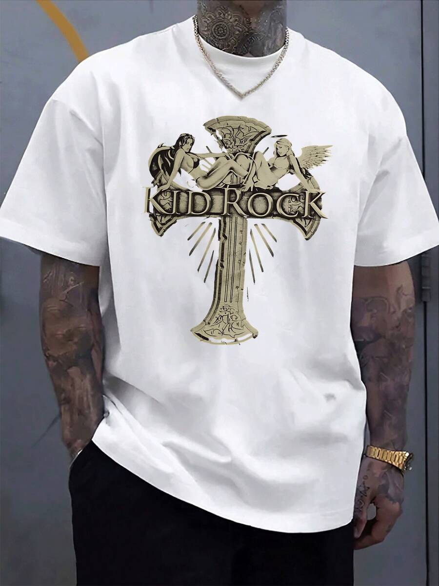 Herren-T-Shirt mit Vintage-Engelsdruck und Grafikdesign im Grunge-Stil, lässiger Stil für Männer, modisches Oberteil, ideal für den Alltag, einzigartiges Kunstwerk-Design - Weiss - Übersicht 1