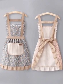 1 piezas Delantal con tirantes florales pequeños resistente al aceite y a las manchas, vestido de princesa - Morado - Ver 5