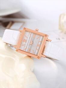 3pcs/Set Fashion Square Dial Watch, Fashionable Luxury Bamboo Texture Couple Leather Strap Classic Quartz Watch Set - Black and White - View 3