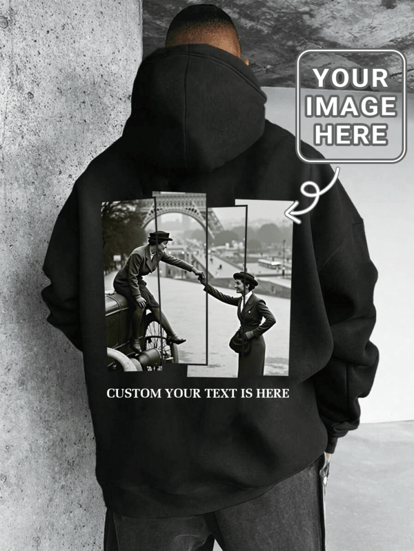 Sudadera con capucha personalizada de talla grande para hombres, impresión de foto personalizada, sube tu foto/logotipo/póster/foto familiar/foto del equipo de la empresa, adecuado para Navidad, cumpleaños, Día de San Valentín, Día del Padre, fiesta, aniversario, sudadera con capucha casual forrada térmicamente de talla grande para hombres en otoño, tops negros, uniforme de equipo/ropa de exterior/uniforme escolar/personalización deportiva, regalo del Día de San Valentín, regalo para él, regalo de aniversario