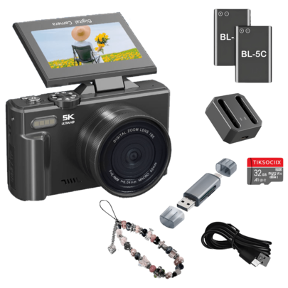 [Paquete de 2 baterías] Cámara digital 5K UHD y 75MP - Cámara para vlogging con WiFi, zoom 18X, pantalla giratoria de 3" 180°, enfoque automático y antivibración, cámara compacta de viaje para transmisión en vivo, tarjeta SD de 32GB y batería de 1150mAh, ideal para fotografía principiante, ajustes personalizables, regalo de Navidad, Halloween, Acción de Gracias, cumpleaños