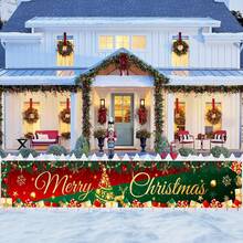 1pc,Festive Red And Green Christmas Door Cover: Merry Christmas Banner With Glittery Christmas Tree, Elk, Snowflakes - Perfect For Porch Sign, Backdrop, Or Background Decoration For Christmas, New Year, And Winter Holiday Parties - No Feathers, Hanging Style, Fabric Material,Christmas - Multicolor - View 12