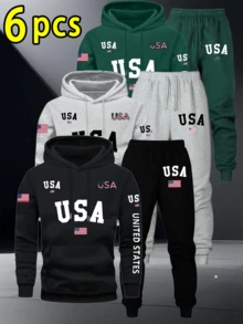 [6-Piece Set] Men's Fall & Winter Casual Sport Hoodie And Jogger 6-Piece Set – 3 Hoodies + 3 Sweatpants In Black, Gray, Dark Green With USA & American Flag Graphics, Soft Fleece-Lined Warm Tracksuit For Daily Wear, Lounging, Workouts, Outdoor Adventures & All-Day Comfort - 彩色 - 查看 3