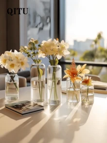 一款现代手工透明玻璃花瓶，手绘复古水培花蕾架花瓶，装饰花瓶，现代迷你透明玻璃花蕾花瓶，家居装饰花卉中心摆件，完美契合波西米亚风格厨房装饰，简约圆柱形花瓶，可用作水培植物的中心摆件，个性化礼品之选。