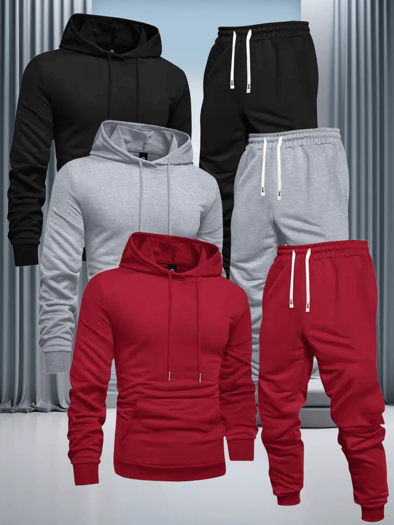 VIHE [6-Piece Set] Men's Fall & Winter Casual Sport Hoodie And Jogger 6-Piece Set – 3 Hoodies (Black, Gray, Red) + 3 Sweatpants With Drawstring Waist, Soft Fleece-Lined Warm Tracksuit For Daily Wear, Lounging, Workouts, Outdoor Adventures, And All-Day Comfortable Stylish Outfits - 彩色 - 查看 1