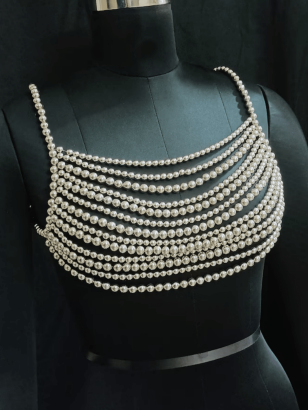 1 pieza Camiseta de mujer de alta calidad y lujo con capas de perlas, tejida a mano, de moda y sexy, con cadena de Body de perlas