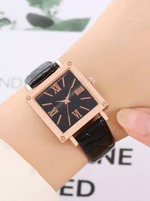 3pcs/Set Fashion Square Dial Watch, Fashionable Luxury Bamboo Texture Couple Leather Strap Classic Quartz Watch Set - Black and White - View 2